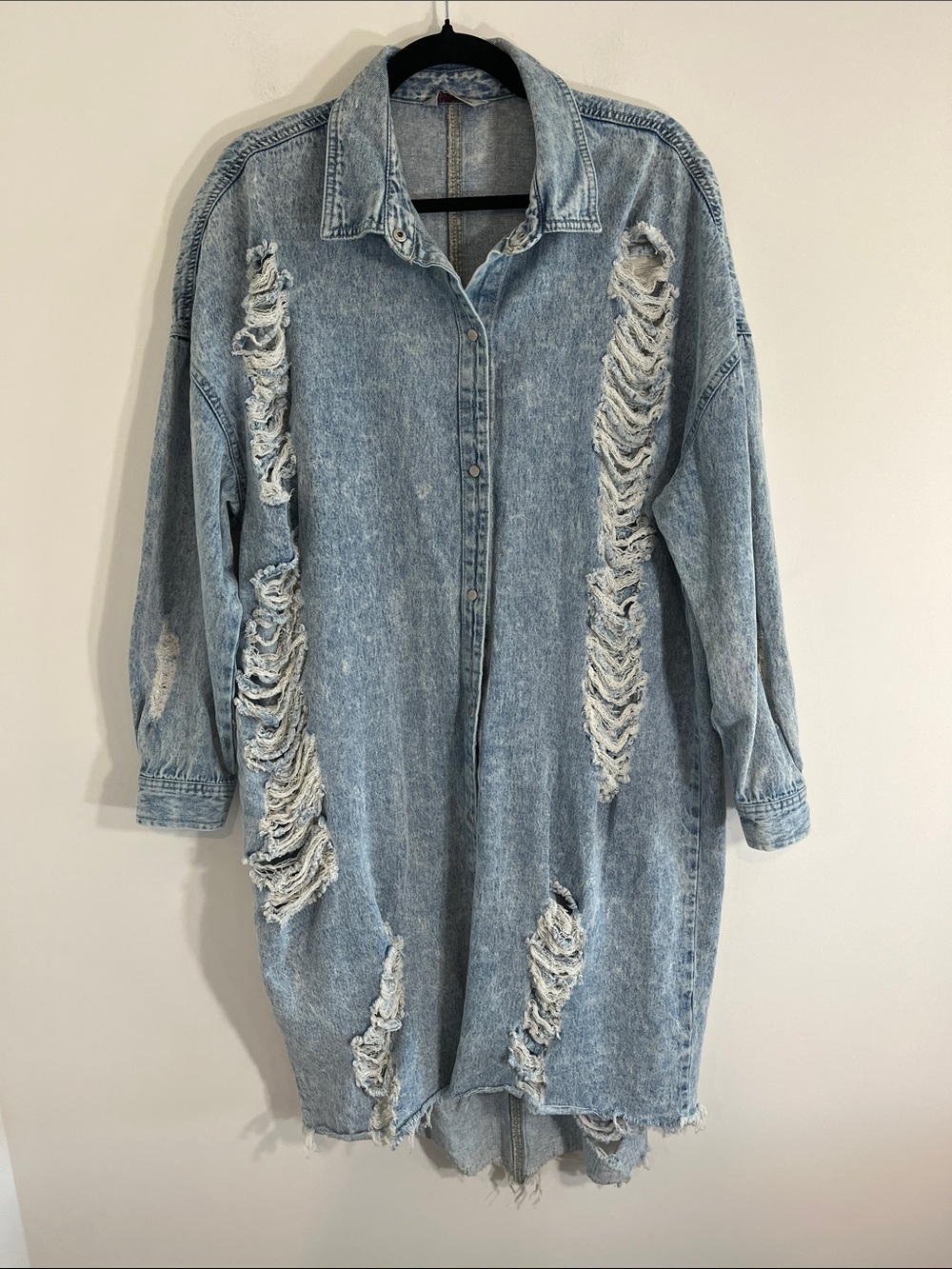 Blu edit Ripped/Distressed Long Denim Jacket - Women's Size large